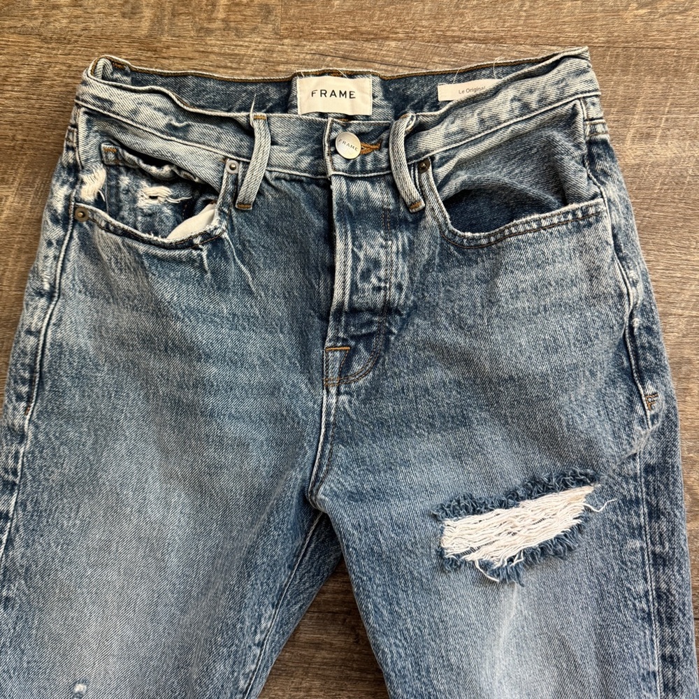 Frame Le Orginal Jeans High Rise Distressed Button Fly Cascade Blue Rips Size 25 - Picture 10 of 12